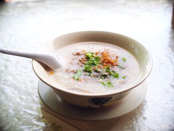 High angle view of soup in bowl on table