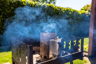 Panoramic shot of cooking on barbecue grill
