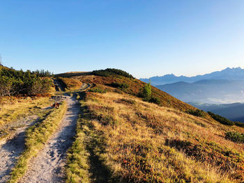 Scenic view of landscape against clear blue sky