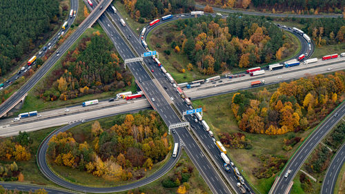 High angle view of road amidst buildings in city