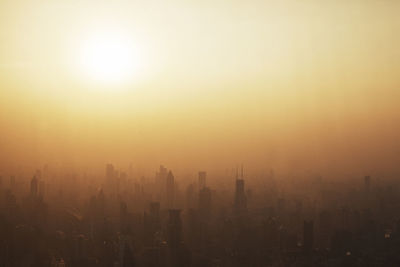 Downtown in fog at sunrise