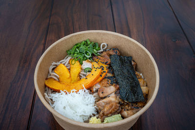 High angle view of food in bowl on table