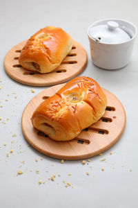 High angle view of breakfast served on table