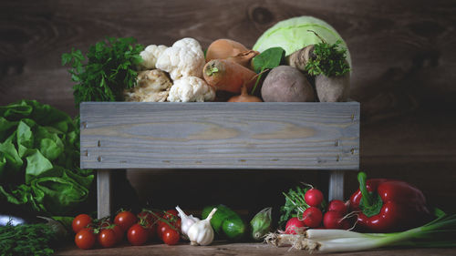 Various fruits in box on table