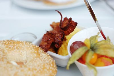 Close-up of fresh breakfast served on table