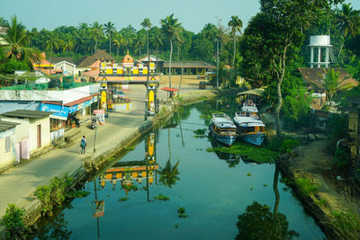 High angle view of boats moored in lake