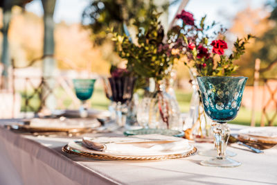 Flower vase on table at home