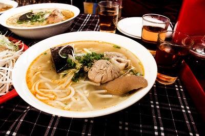 High angle view of meal served on table