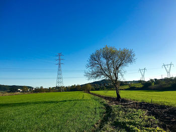 Electricity pylon on grassy field against clear blue sky