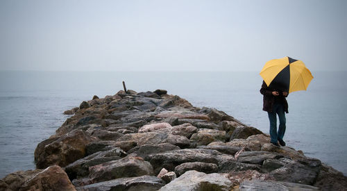 Rear view of woman standing on rock by sea against clear sky