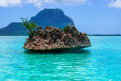 Rock formation in sea against sky