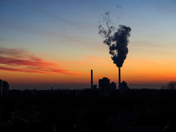 Silhouette of industrial building at sunset