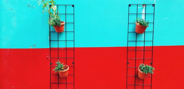 Red closed door of building