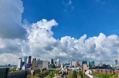 Aerial view of buildings in city against sky