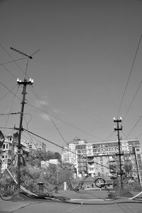 Electricity pylon and buildings in city against clear sky