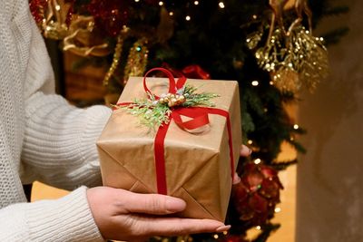 Close-up of hand holding christmas tree