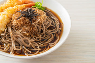 High angle view of noodles in bowl on table