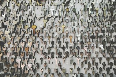 Full frame shot of keys hanging from wall