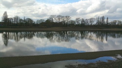 Scenic view of lake against cloudy sky