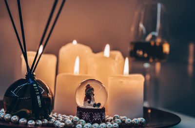 Close-up of christmas decorations on table