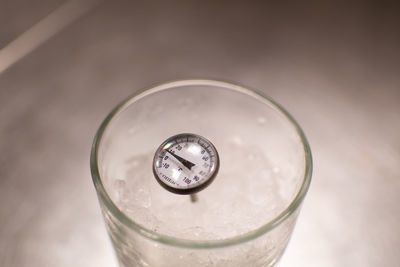 High angle view of drink in glass on table