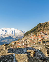 High angle view of townscape against clear blue sky