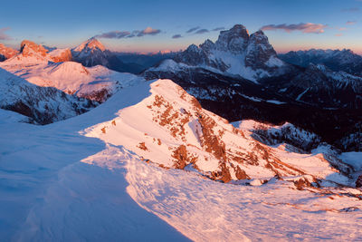 Scenic view of snowcapped mountains against sky during winter