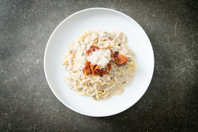 High angle view of food in plate on table