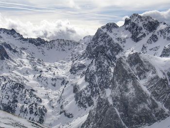 Scenic view of snow covered mountains against sky