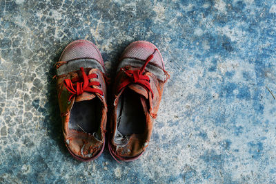 High angle view of shoes on floor