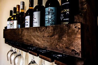 View of wine bottles on shelf
