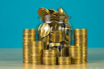 Close-up of coins on table