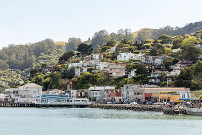 Houses by river against clear sky