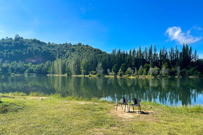 Scenic view of lake by trees against sky