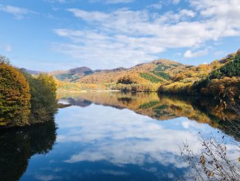 Scenic view of lake by trees against sky