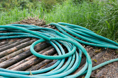 High angle view of ropes on field