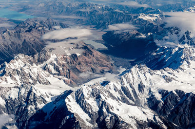 Aerial view of snowcapped mountains against sky