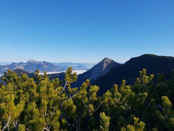 Scenic view of mountains against clear blue sky