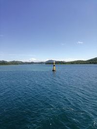 Sailboat in sea against clear blue sky