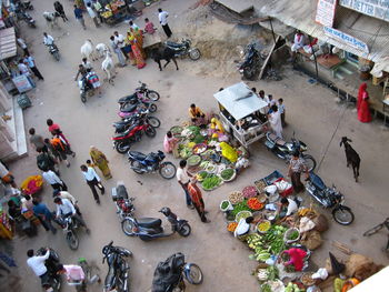 High angle view of people on street in city