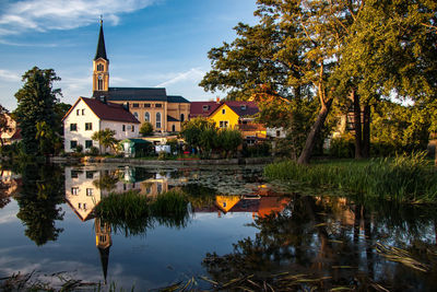 Reflection of trees and buildings on lake