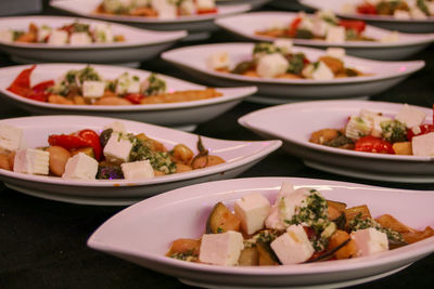 High angle view of food served on table