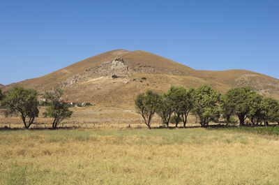 Scenic view of landscape against clear blue sky