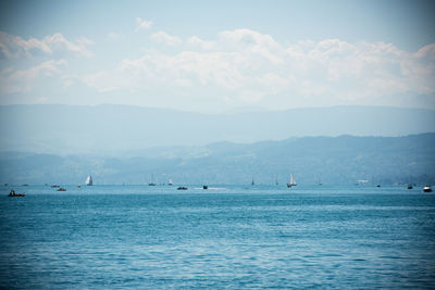 Sailboats sailing in sea against sky