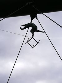 Low angle view of silhouette man on rope against sky