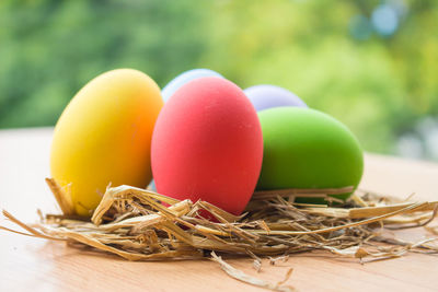 Close-up of easter eggs on table