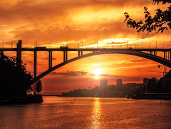 Silhouette bridge over river against sky during sunset