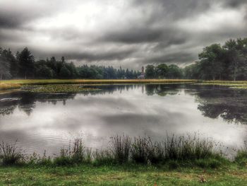 Scenic view of lake against cloudy sky