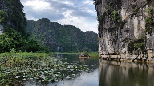 Scenic view of lake against cloudy sky