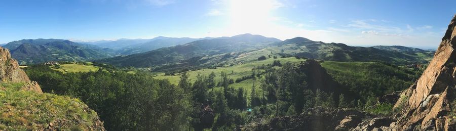 Panoramic view of landscape and mountains against sky